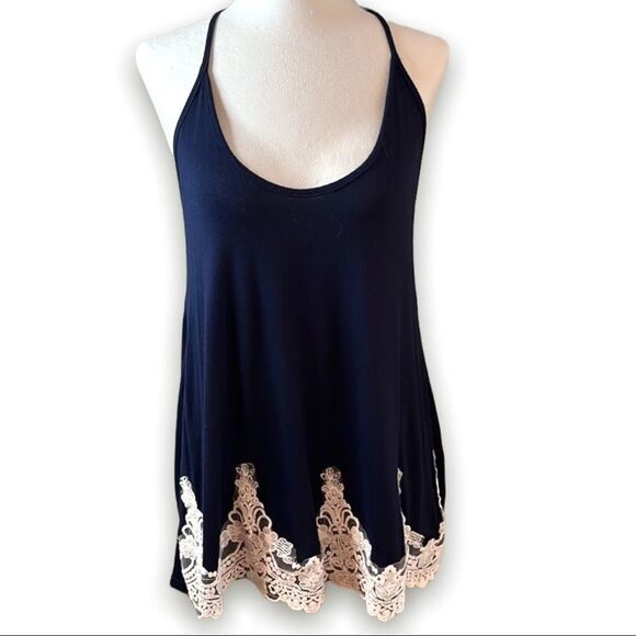 Raggs II Riches tank top navy blue spaghetti straps lace embellishment on bottom - Picture 1 of 6